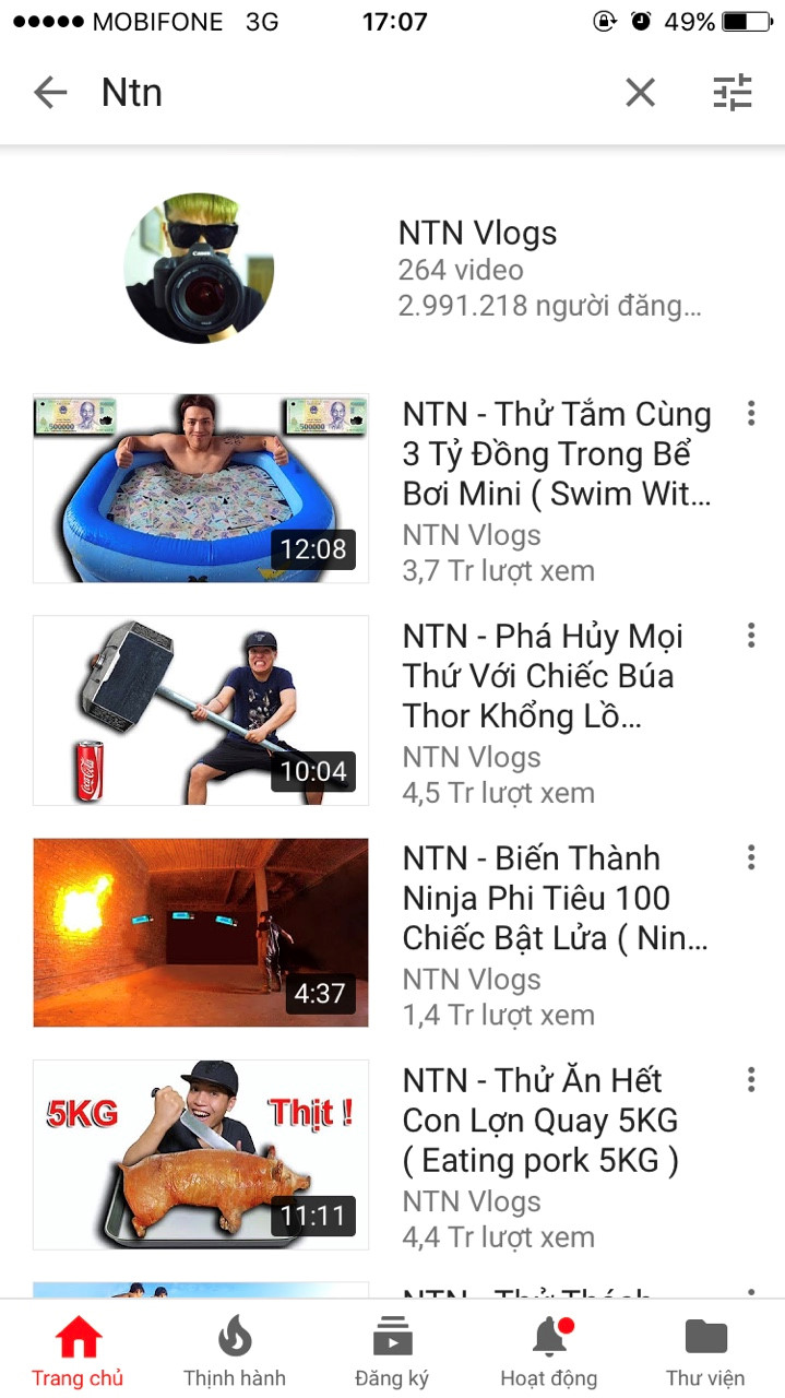 Kênh NTN Vlogs với gần 3 triệu lượt sub của Nguyễn Thành Nam vừa bị tắt quảng cáo có khá nhiều nội dung vô bổ.